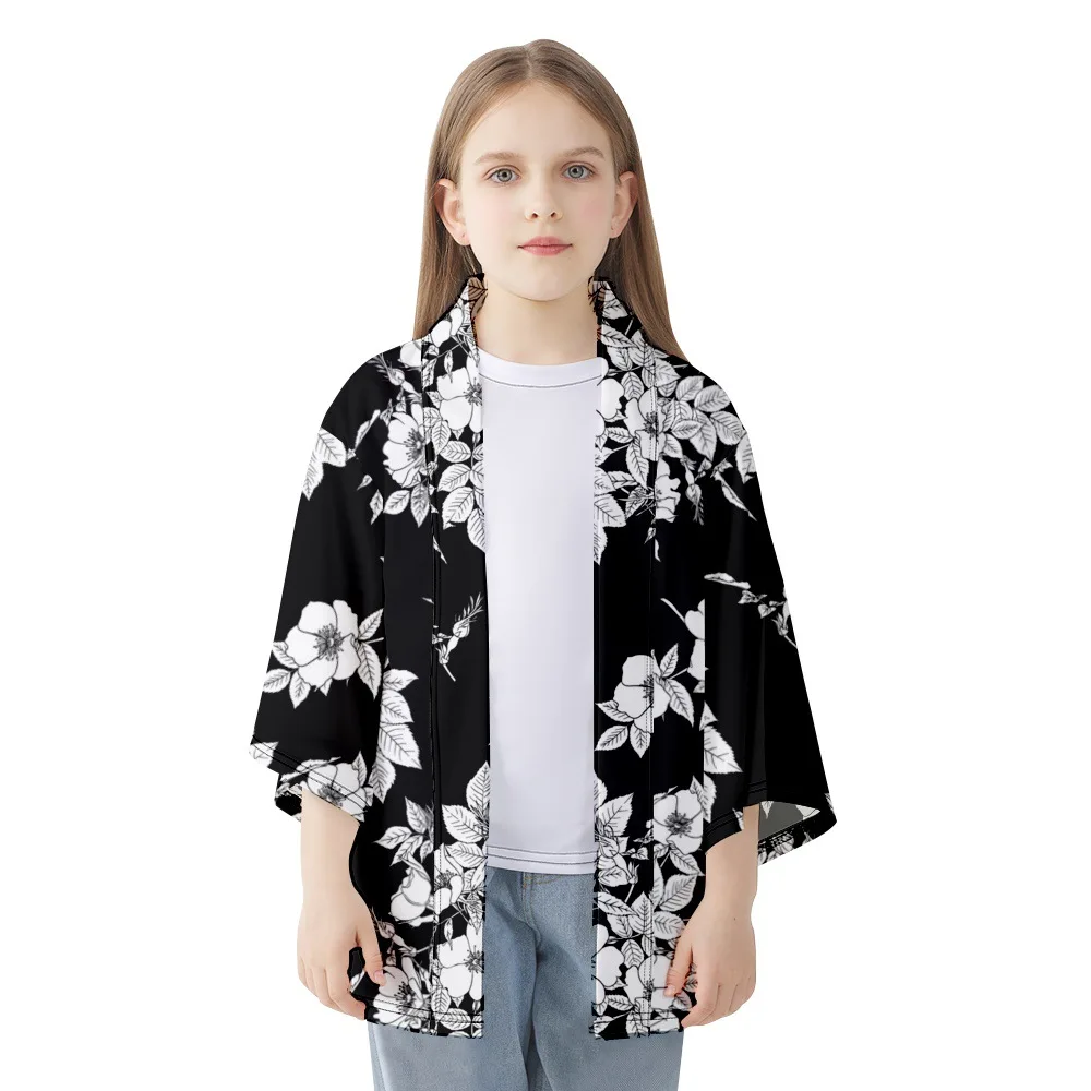 Sommer weiße Blumen drucken schwarze Hemden traditionelle Kimono Männer Frauen Yukata Mode japanische Strickjacke Cosplay Haori Kleidung