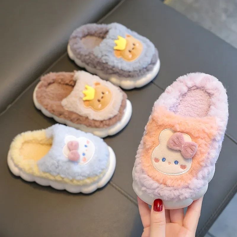 Children Cotton Slippers Cute Rabbit Home Shoes Thick Sole Non-slip Girls Shoes Indoor Cover Heel Warm Floor Shoes Zapatos Niña