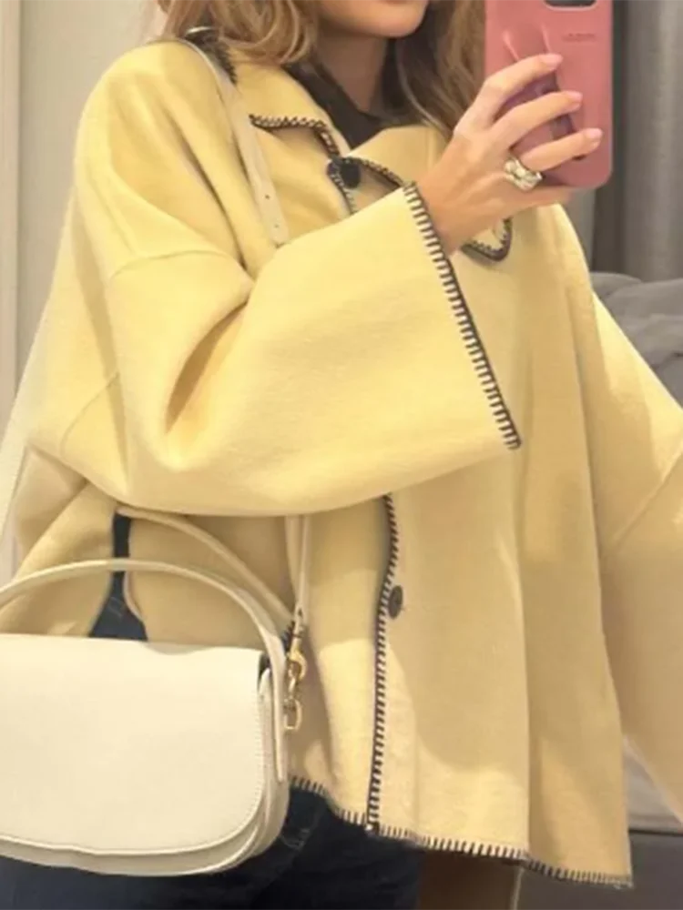 

Elegant Color Blocked Single Breasted Coat Temperament High Collar Woolen Overcoat Autumn Winter Lady Lapel Long Sleeve Outwear