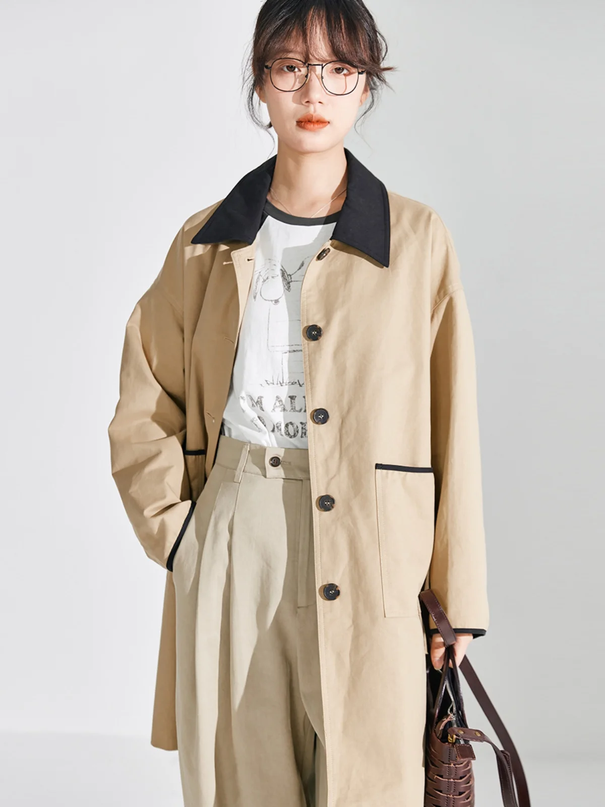 

Zimode Autumn New High Densi Long Velvet Cotton Patchwork Color Slimming Mid-Length Women's Windbreaker Jaet