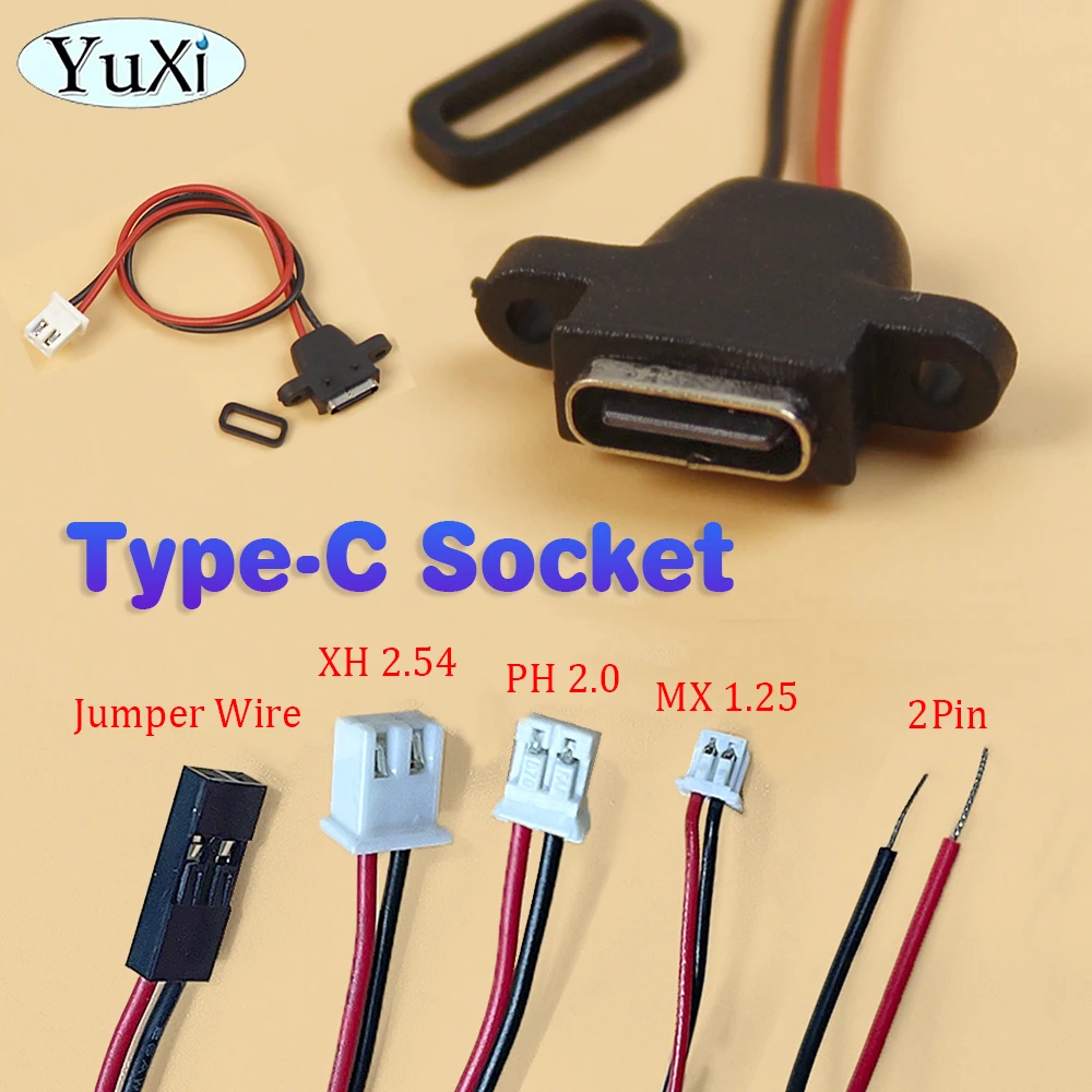 

2Pcs USB Type-C Waterproof Connector 2Pin Welding Wire Female Socket Charge Interface Welding Wire Rubber Ring Fast Charging