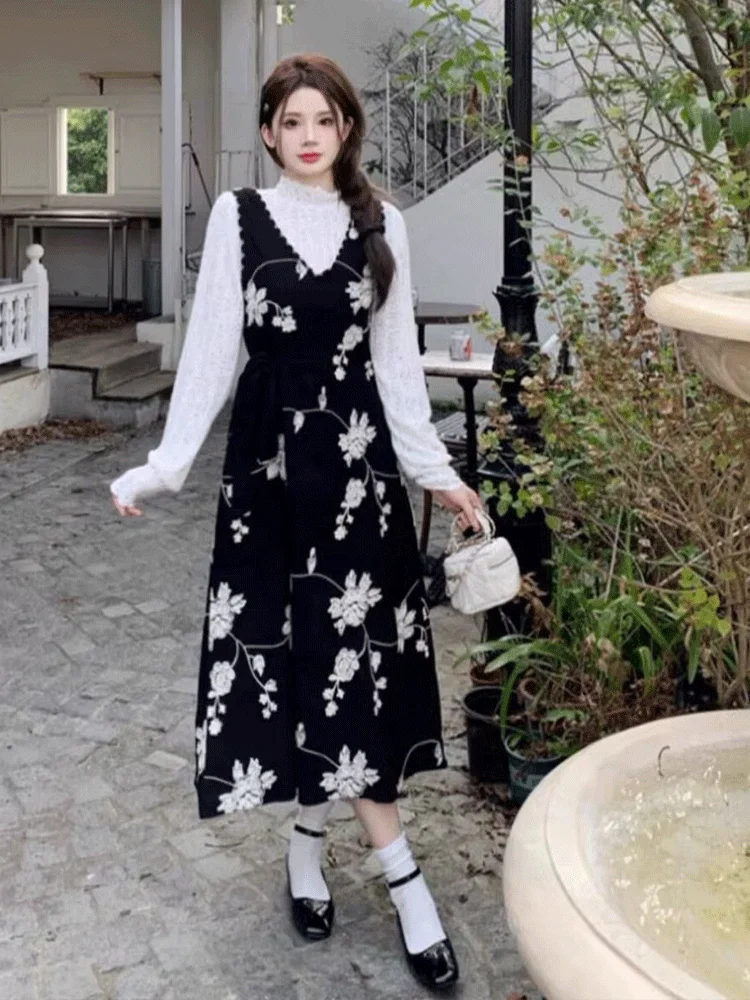 Bloemen A-lijn Dr Dames Los Casual Artistiek Taille-Knipperend Afslanken V-Ne Bla Lange Strapl Jurk Miss Gong