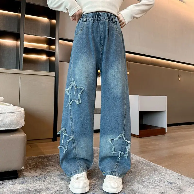 Girls Jeans Spring/Autumn New Kids Fashion Retro five-pointed Star Denim Wide-leg Pants Teenage Children Trousers 5-14 Years