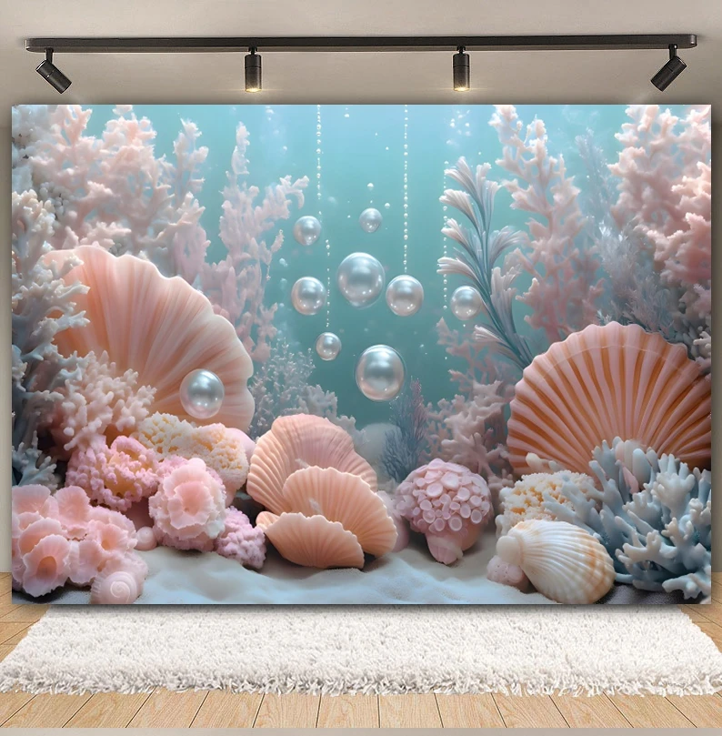 Underwater World Baby Birthday Backdrop Undersea Ocean Jellyfish Coral Mermaid Girls Birthday Party Photography Background Decor