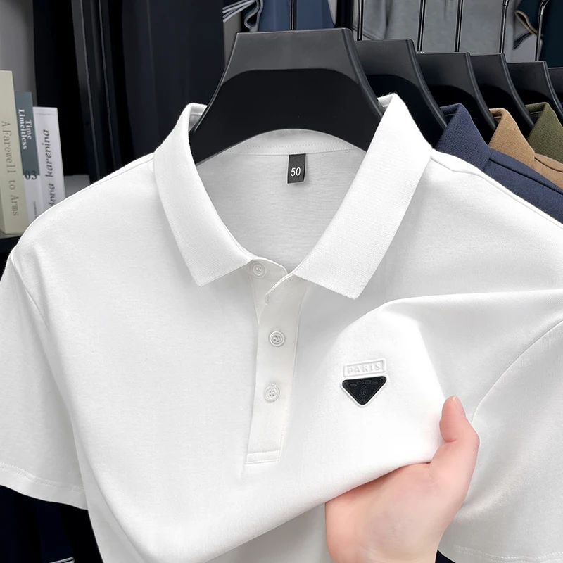 

100% pure cotton fashion brand badge embossed short sleeve polo shirt men high-end temperament solid color comfortable T-shirt