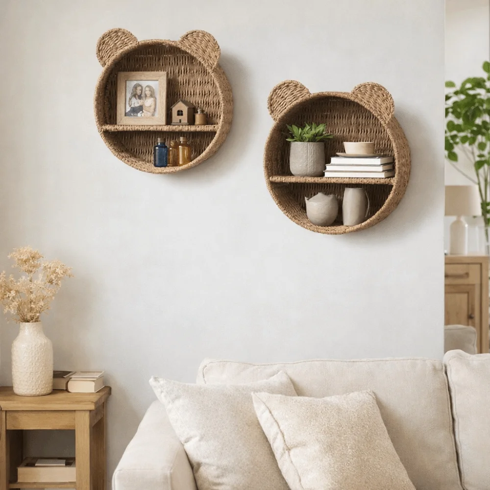 Bear Ear Cute Wall Shelf Handmade Imitation Rattan Wall Mount Storage Rack Hanging Display Organizer Home Decor