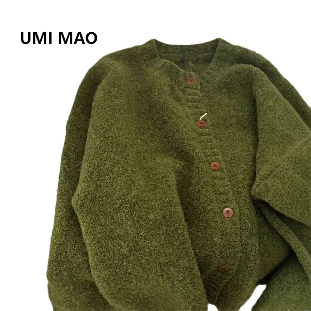 

UMI MAO Зеленый вязаный кардиган в стиле ретро, женский новый осенний однобортный мягкий толстый свитер с круглым вырезом, свободное повседневное базовое пальто