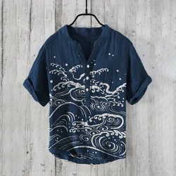 Linen 100% short-sleeved shirt sea wave ink mountain series printing casual comfortable loose large size shirt S-5XL fast delive