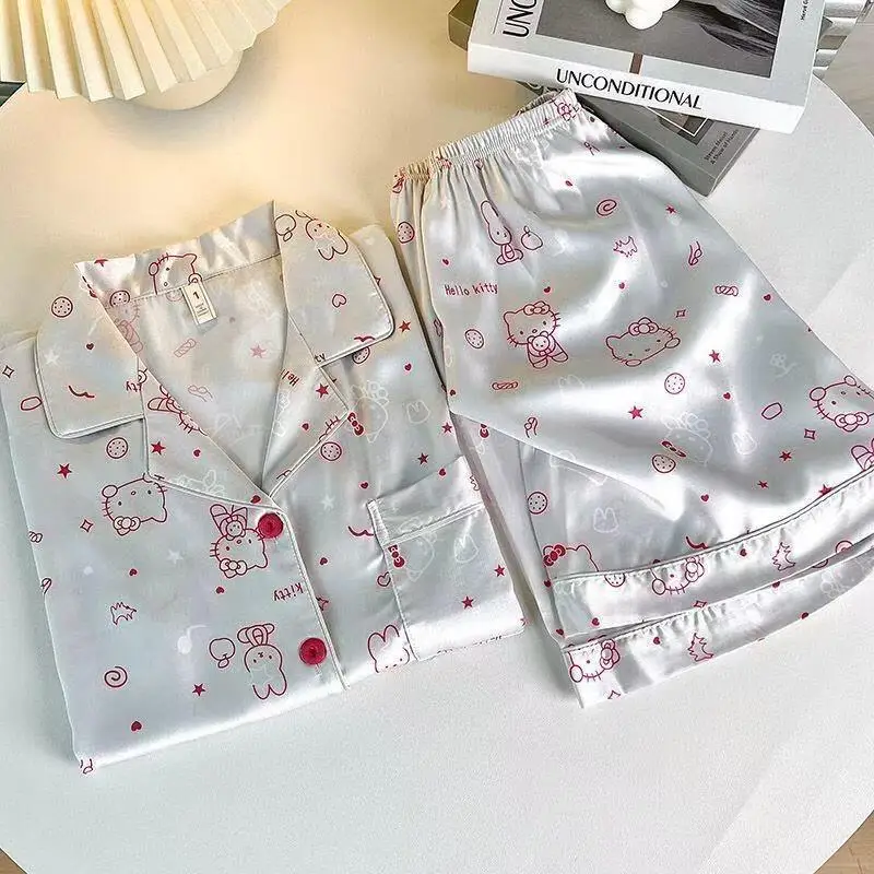

Пижамный комплект Hello Kitty, женская одежда для дома, милая домашняя одежда с героями мультфильмов на открытом воздухе Y2K, милая домашняя одежда в стиле аниме, студенческая кавайная домашняя одежда, подарок для девочки