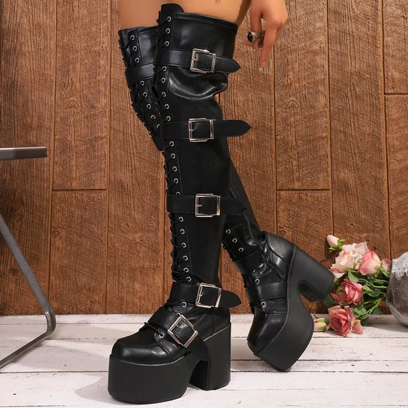 Fashion Women Platform Over-the-knee Boots Punk Goth Motorcycle Boots Round Toe Black High Heels Lace-up Buckle Womens Long Boot view 6