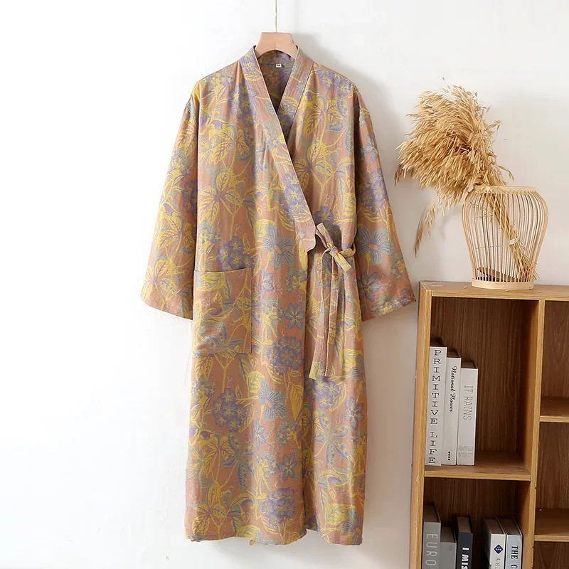 2024 Jacquard National Style Cotton Robes Double-layer Gauze Long Sleeve Nightgown Loose Bathrobe Kimono Night Wears for Women