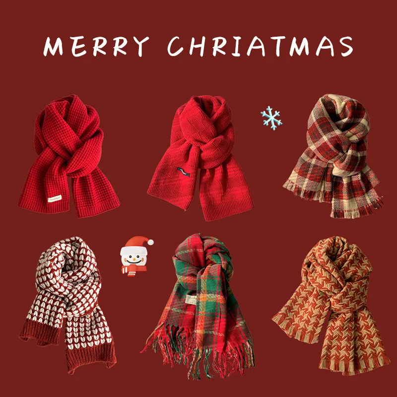 

Christmas Red Knitted Scarf Women's Winter New Korean Edition Versatile New Year Check Neck Couple Warm Shawl Men