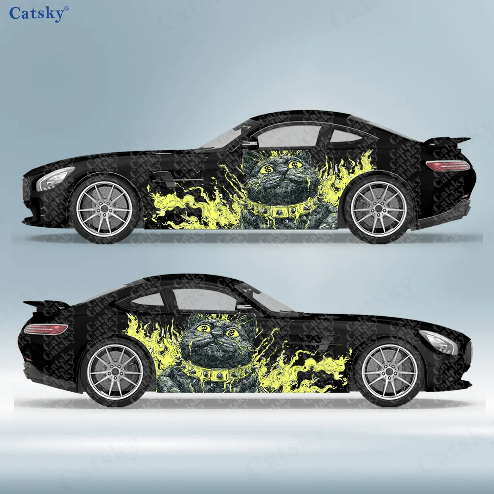 2pcs Flame Line Lucky Cat Sticker, Durable, Fade-resistant, Enhance The Beauty of Your Vehicle Bold Art Design Car Vinyl Wraps