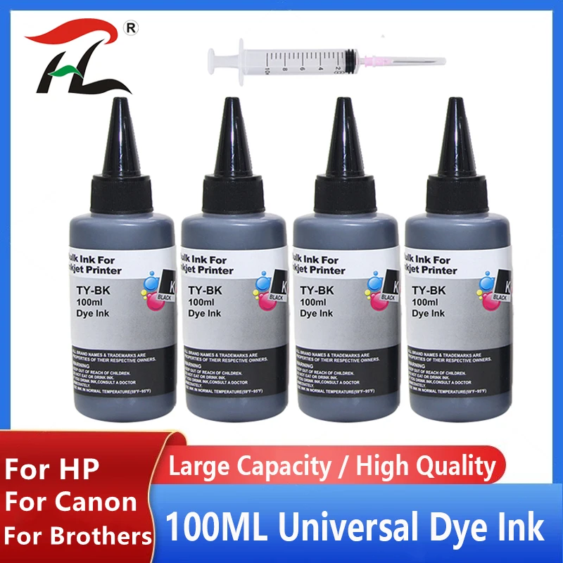 100ML X4 BK Universal Dye Ink Bottle For HP 123 302 304 652 65 61 For Epson L100 L200 L392 For Canon PG445 545 440 Printer Ink