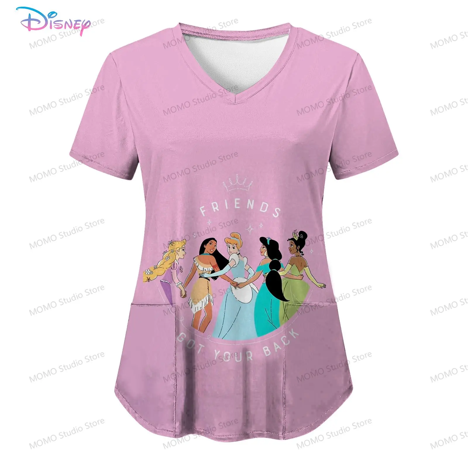 Women's V Neck Nurse Uniform T-Shirt Pocket Disney Princess Youthful Woman Clothes Short Sleeve Tee Street Wear Summer Y2k 2024