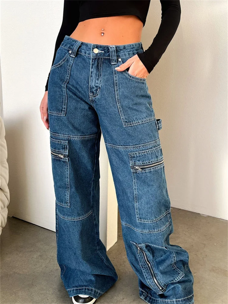 Dourbesty 여성 데님 카고 바지 여러 개의 포켓이있는 헐렁한 조깅 스선 팬츠 streetwear 바지 용 루즈 캐주얼 바지