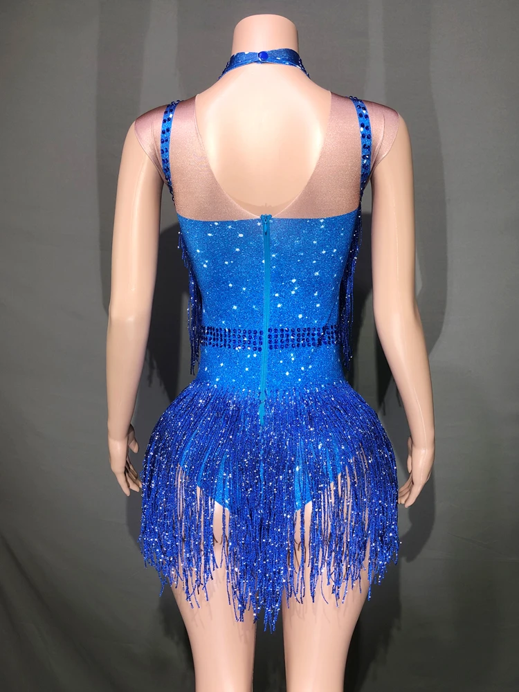 Traje de dança DJ Jazz para mulheres, bodysuit boate, roupa Rave, strass brilhante, borla elástica, sem mangas Show Leotard
