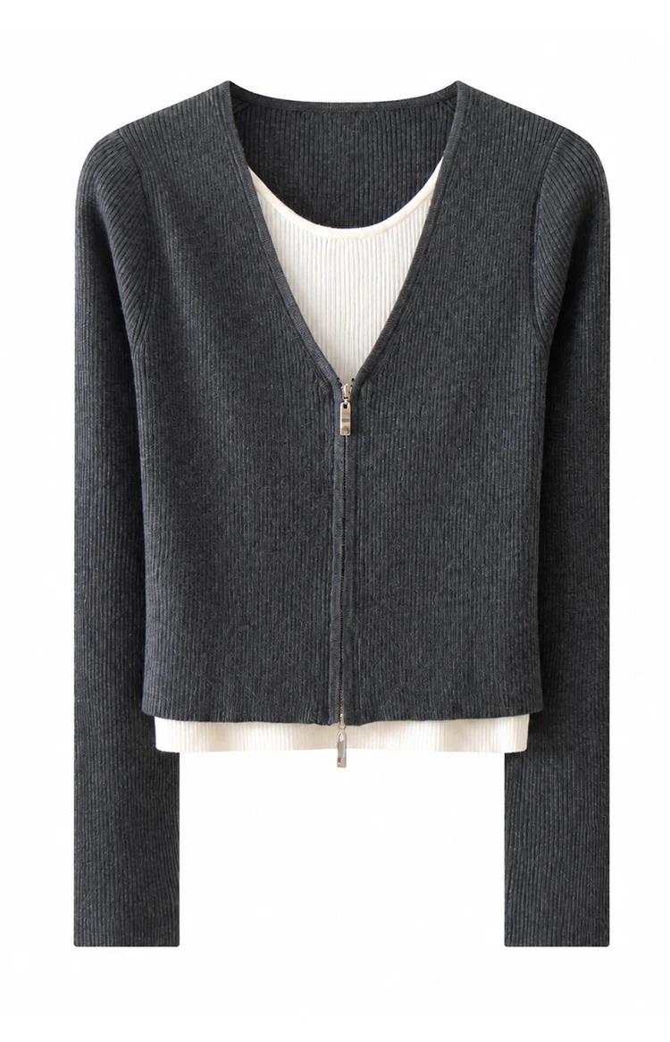 MZ62017 Elegante Damen-Strickjacke mit Reißverschluss, V-Ausschnitt, Langen Ärmeln und Kontrastbesatz aus Modal-Mischung, Mehrlagiges Strickoberteil für Herbst und Winter – Detail 14