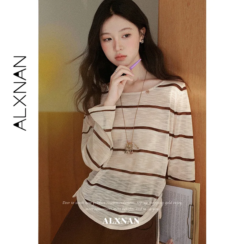 ALXNAN Pink Brown Striped T‑shirt 2026 New Fall Long Sleeve Crew Neck Tees Elegant Casual Loose-fit Women Clothing L67655