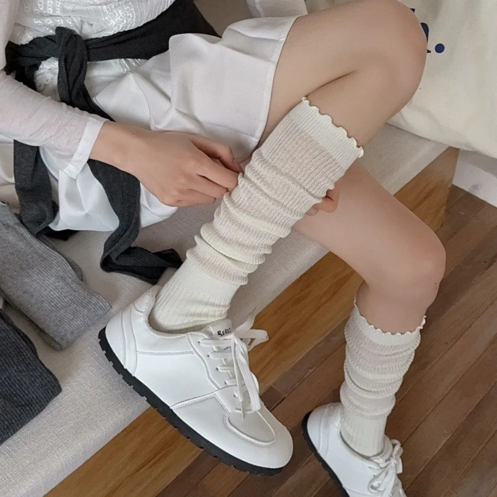 

Fashion Ruffles Long Stacked Socks Solid Color Vertical Striped High Elasticity Stockings Warm Over Knee Stockings Autumn Winter