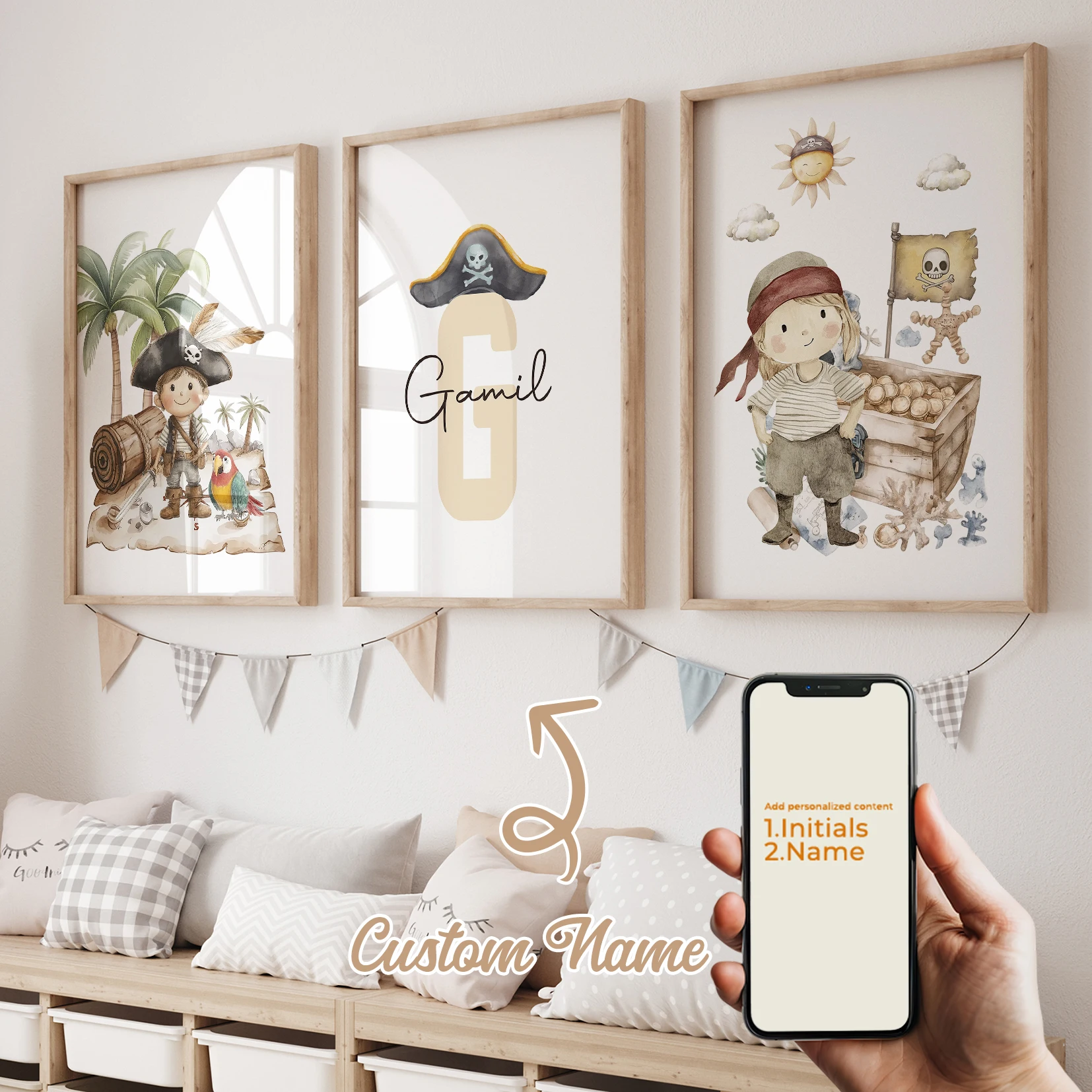 

Modern Personalized Name Custom Pirate Hat Treasure Chest Wall Art Print Canvas Painting Poster Picture For Kids Room Home Decor