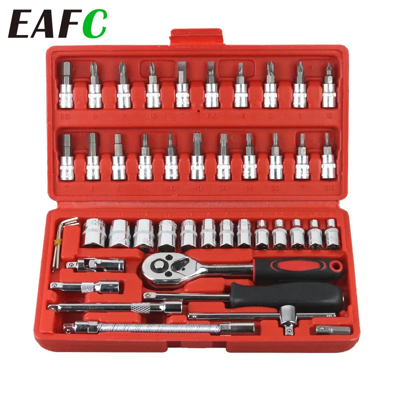 46PCS Black/RedCar Repair Tool Kit 1/4-Inch Socket Set Car Repair Tool Ratchet Torque Wrench Combo  Auto Repairing Tool Set