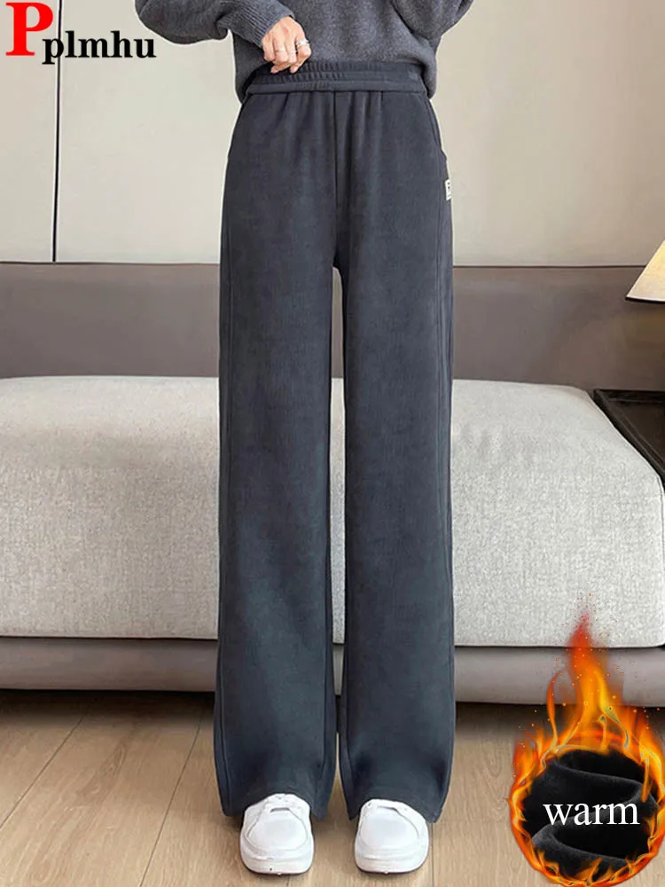 

Вельветовые утепленные свободные прямые брюки, женские повседневные эластичные спортивные штаны с высокой талией на бархатной подкладке, зимние теплые однотонные брюки, новые