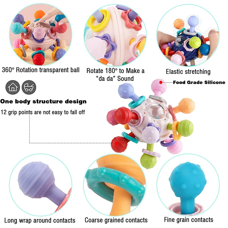 Jouets de dentition pour bébés de 0 à 18 mois, boule de dentition sensorielle à mâcher, hochet, activités de préhension, jouets pour bébés, cadeaux pour tout-petits filles et garçons