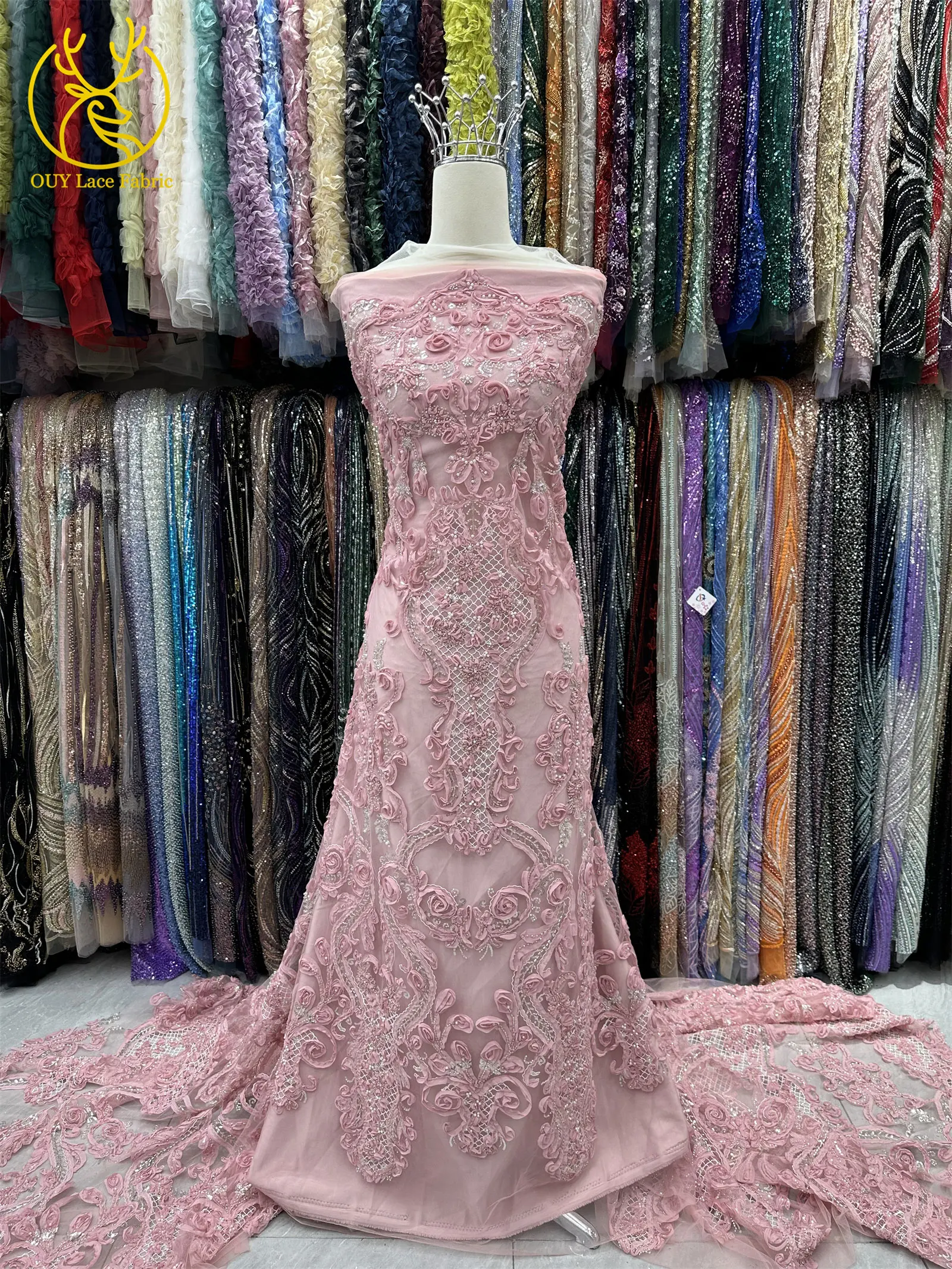 3D Afrikanischer Perlen-Spitzenstoff Schwarz Rot Luxuriöser Hochwertiger Französischer Pailletten-Tüll für Damen Abendkleid DIY Nähen 5 Yards – Detail 9