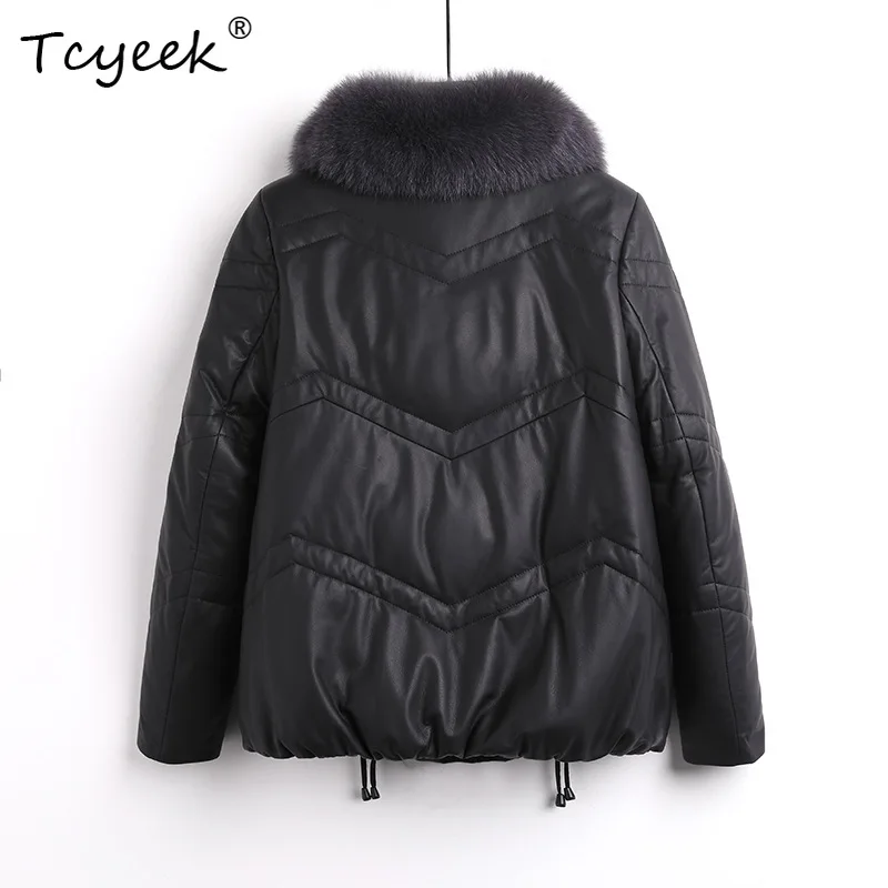 เสื้อแจ็คเก็ตหนังแท้ผู้หญิง แบรนด์ Tcyeek ขนเป็ดขาว หนังแกะ ปกเสื้อแบบปกเชิ้ต สีดำ สำหรับฤดูใบไม้ร่วงและฤดูหนาว