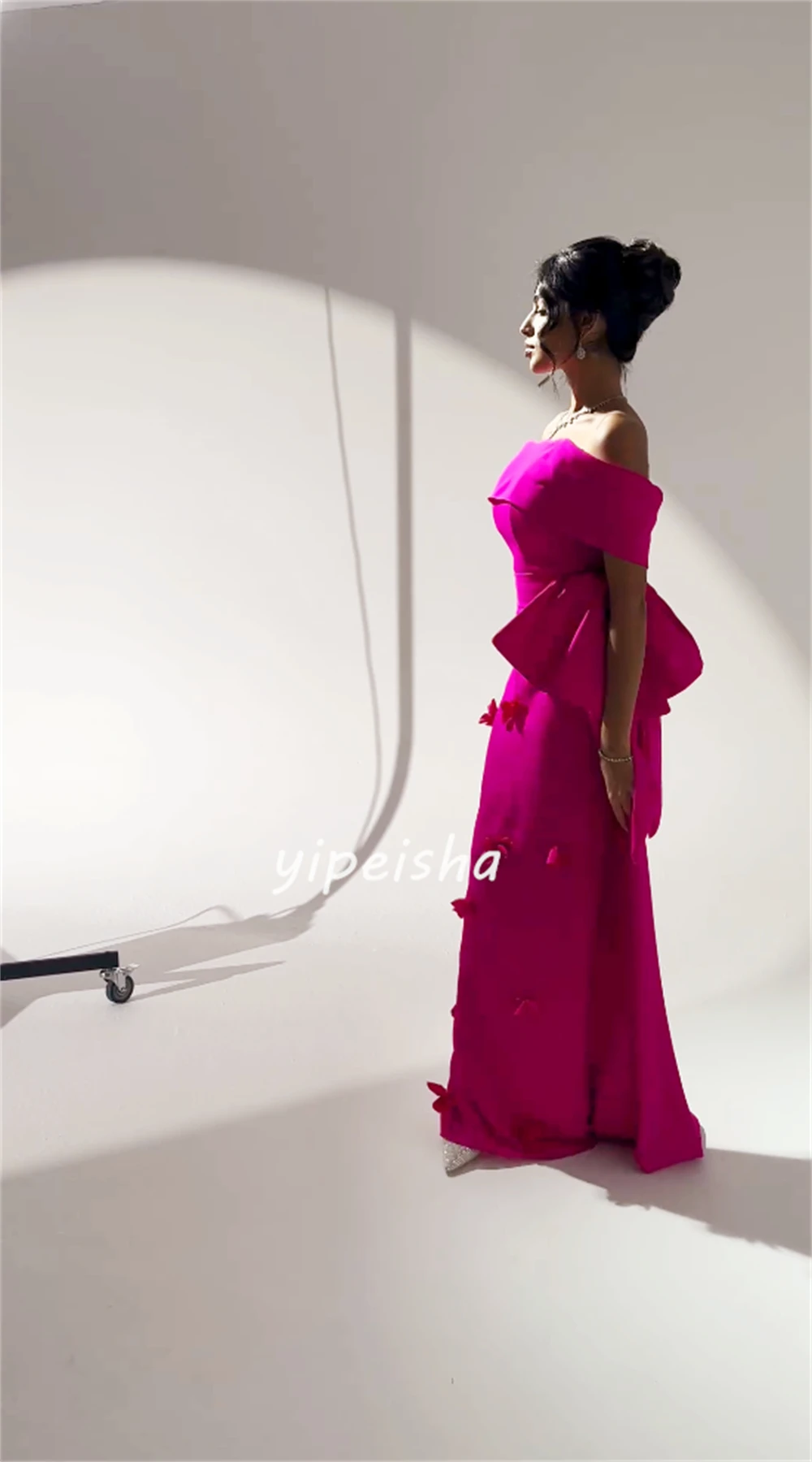 Ruched Off-the-ombro vestidos longos, celebridade Flower Gown, A-Line, Ruched Jersey, Traje Ocasião