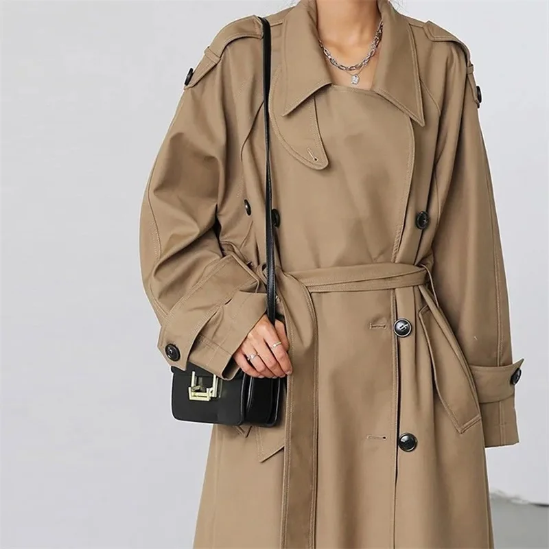 Trench lungo grigio kaki oversize primavera autunno per donna Cappotto doppio petto sciolto casual alla moda coreana