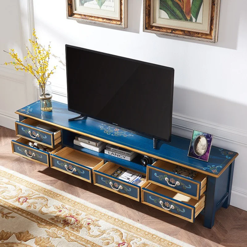 

Light luxury blue TV cabinet large coffee table combination living room floor audio-visual cabinet retro hand-painted furniture