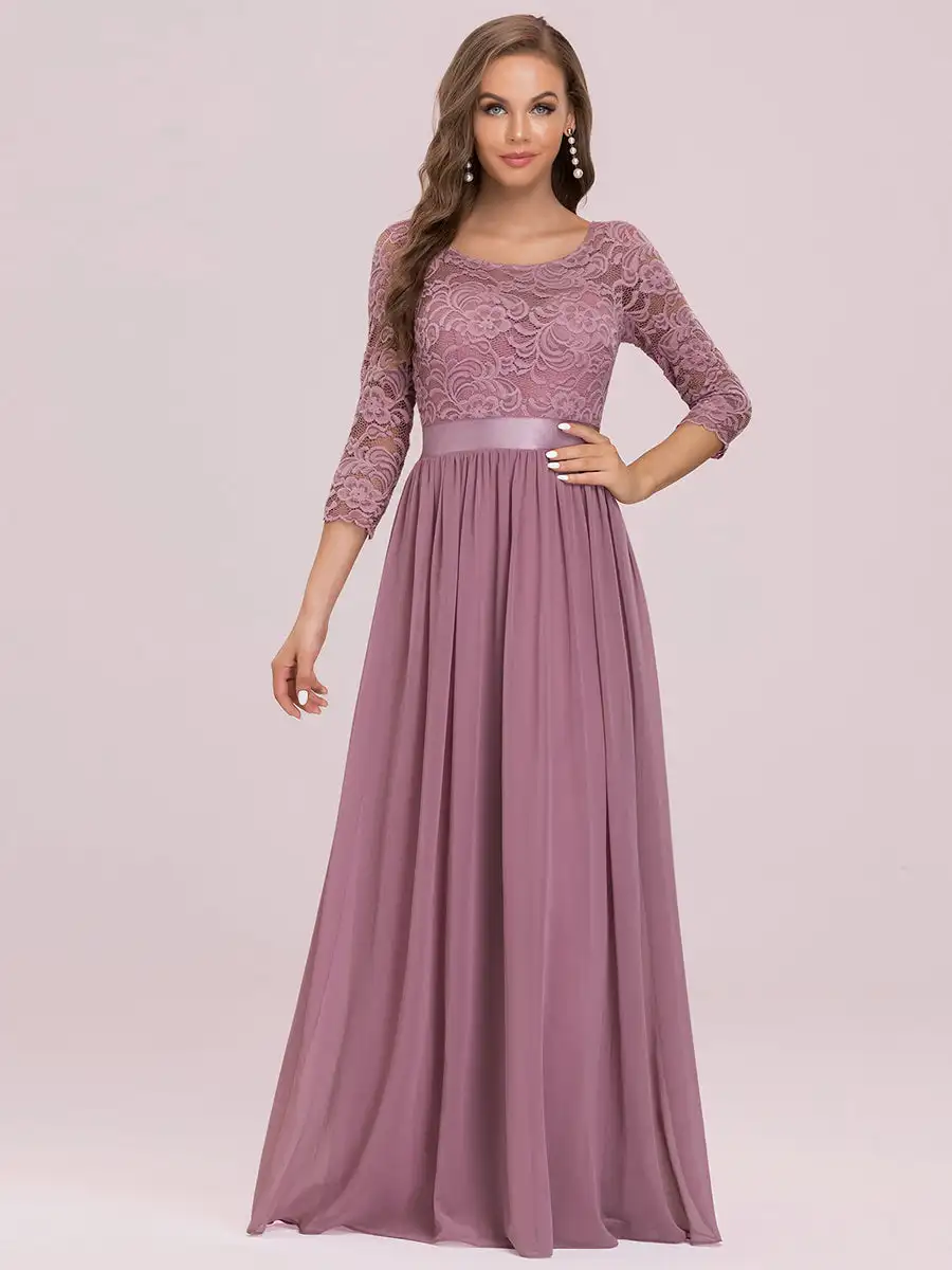 Elegant Evening Dresses Empire Waist Long Lace Sleeve Round neck Hide zipper 2025 Ever Pretty of Orchid Bridesmaid dress