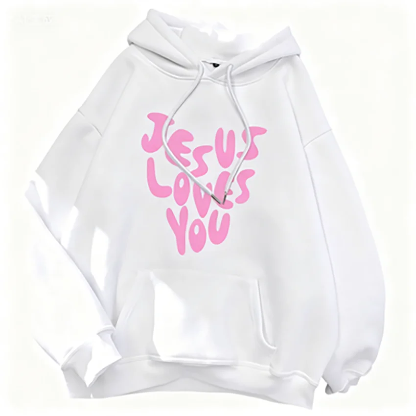 Jesus liebt mich Brief lustige Drucke Hoodies Frauen Herbst warme Sweatshirt Fleece All-Match-Kleidung Taschen-Hoodie