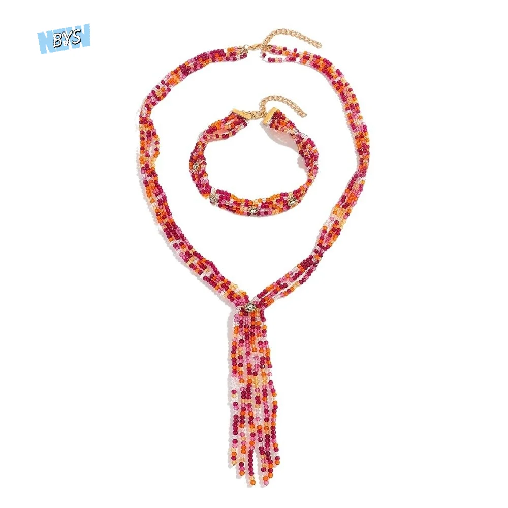 

2 PCS 2 Layers Stacked Beads Necklace Versatile Exaggerated Beaded Choker Necklace Jewelry Bohemian Style Women Collarbone Chain