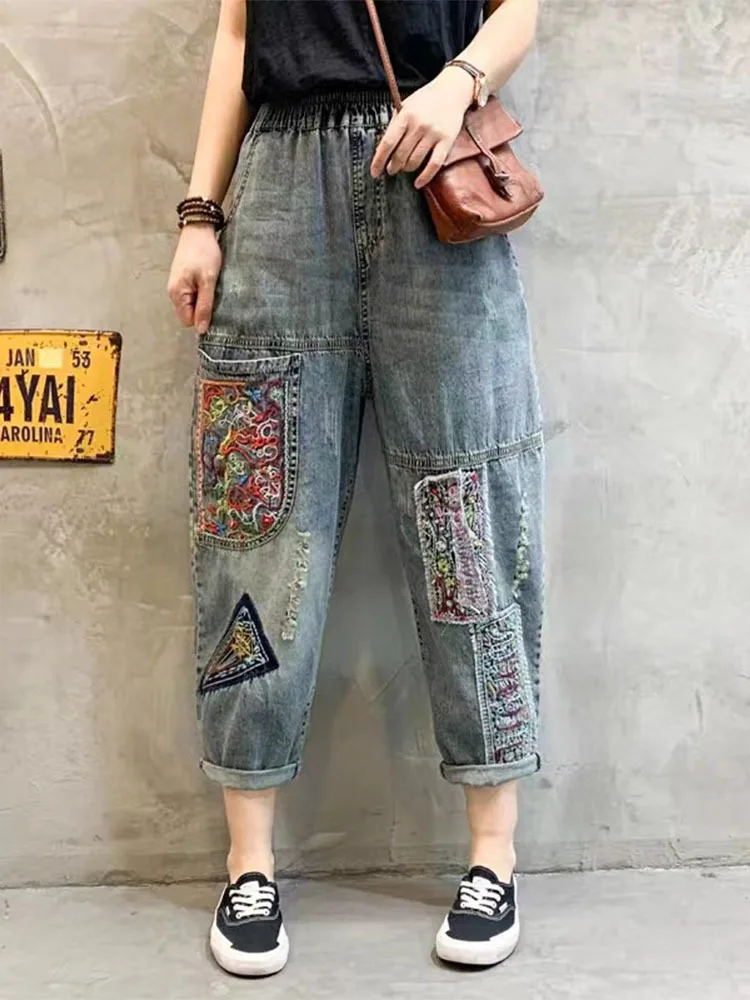 Max LuLu Summer Chinese Design Denim Pants Womens Fashion Holes Embroidery Jeans 2024 Ladies Loose Casual Vintage Harem Trousers