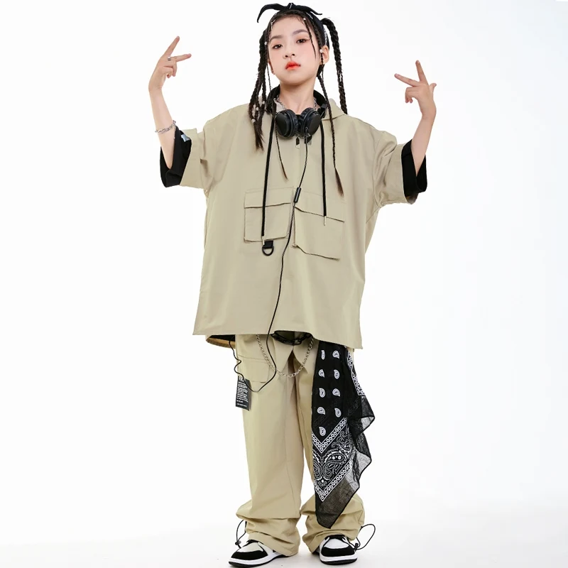 Khaki Children's Hip Hop Dance Costumes For Kids Loose Kpop Outfits Girls Boys Group Jazz Performance Stage Clothes Wear DN20408