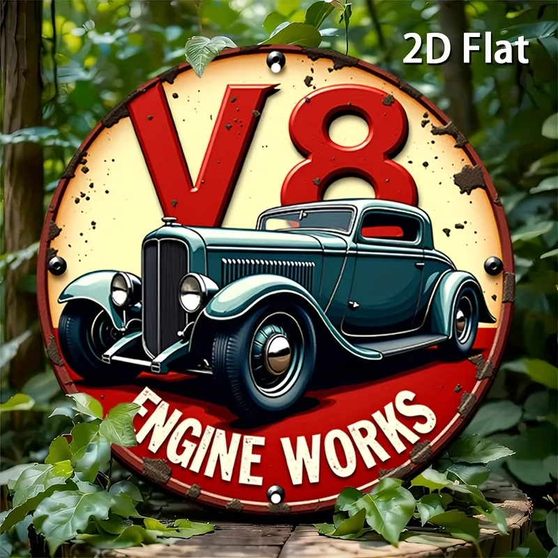 【Flach】 Retro blaues kreisförmiges Autoschild aus Holz – ein Retro-Wandbild für die Dekoration von Zuhause, Garage, Café oder Restaurant