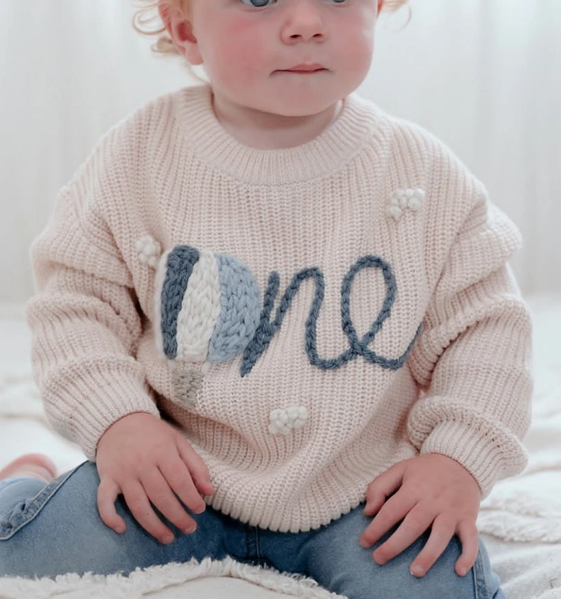 Winter Newborn Boy Birthday Sweater Casual Letter Embroidery Warm Knitted Long Sleeve Pullover Sweaters Knitwear for Toddler