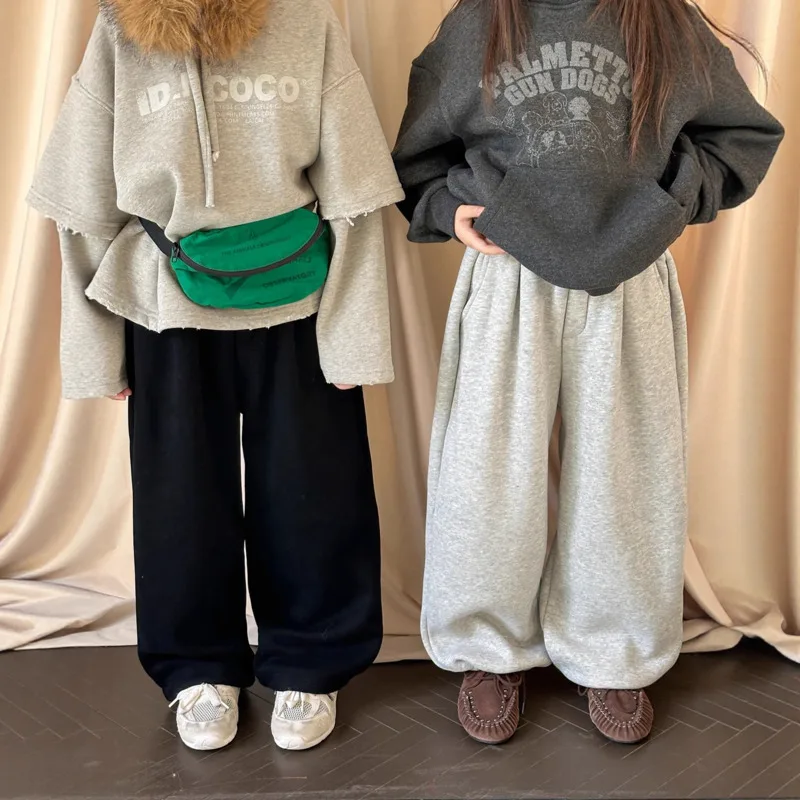 

2005 Autumn Winter Boy Girl Children's Fleece-Lined Thick Sweatpants Stylish Warm Alpaca Wool Casual Pants 2-12 Years Trouser