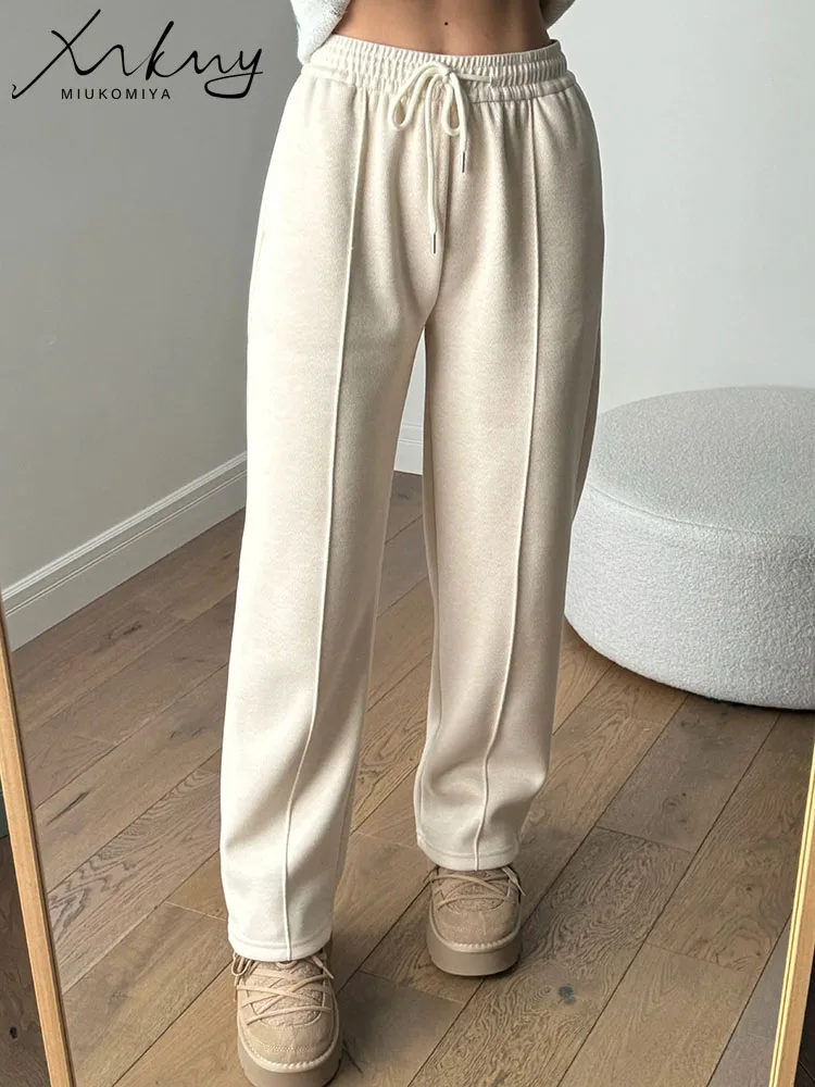 MiuKoMiYa Winter Warm Woolen Pants Women Wide Leg Straight Long Thick Trousers Office Lady High Waist Women Fleece Pants Loose