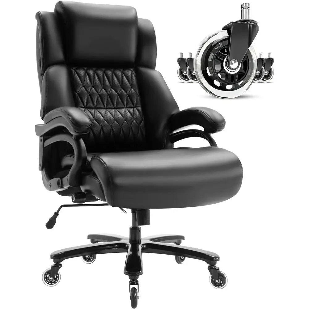 

Heavy-Duty High Back Ergonomic Chair for 400lbs, Adjustable Lumbar Support, Quiet Wheels, Metal Base, Thick Padding, Black