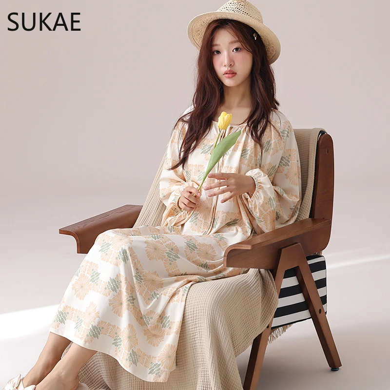 SUKAE Elegant Women Nightgowns Spring Vintage Court Style Lady Chic Dress Autumn Faux Cotton Nightdress Gorgeous Long Sleepshirt