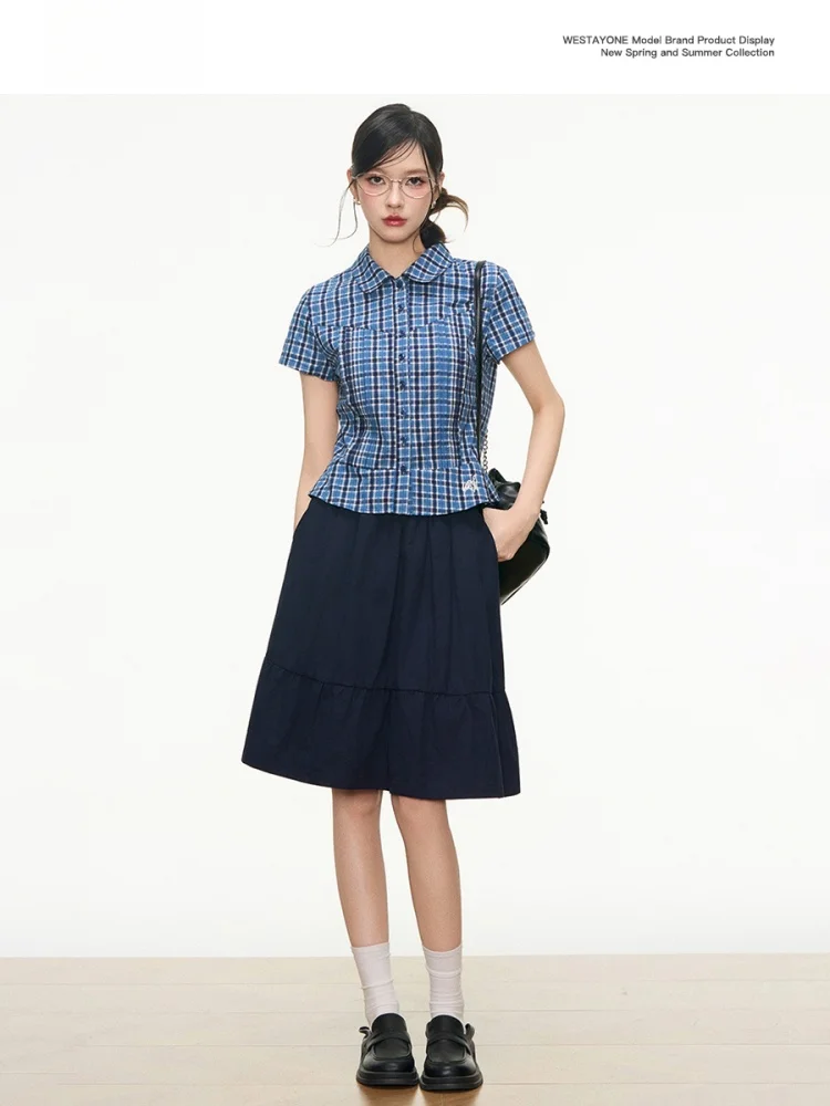 

Westayone New Arrival Women's Plaid ort Sve irt Pleated Waist Design Ultraviolet Protection Faion Busin Sle