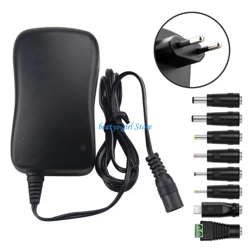 

C7AB Universal Power Adapter 30W Switching Power Supply Converter with 8x Tips for CCTV Camera LED Lights