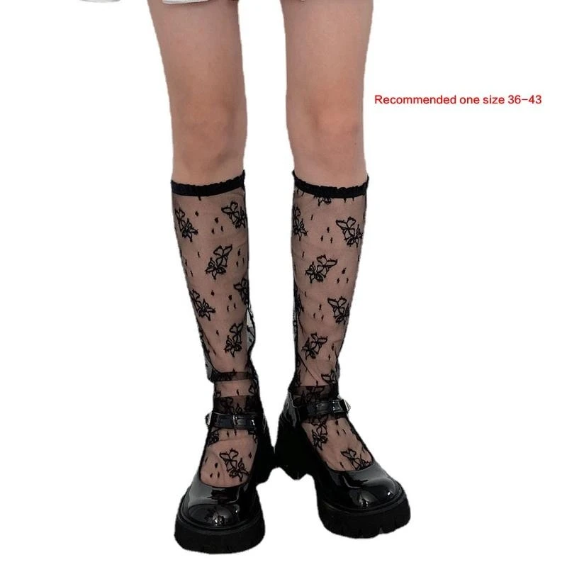 النساء لوليتا الصيف شبكة تول جوارب طويلة إلى الركب اليابانية Harajuku الحلو ل فراشة نمط كشكش تقليم الأميرة Stocki 15UB #6