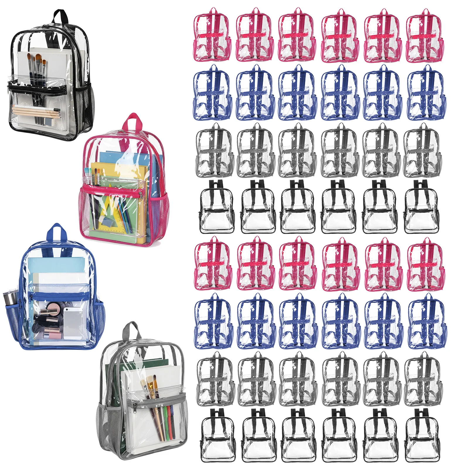 

48/72 Pack PVC Clear Backpack Bulk Heavy Duty See 15 Inch Clear Bookbag for College Travel Sport Work Stadium Approved