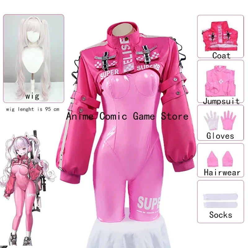 

In Stock Nikke Alice Cosplay Costume Wig Victory Sexy Pink Pu Jumpsuit Set Jacket Hairwear Halloween Party Outfit for Women