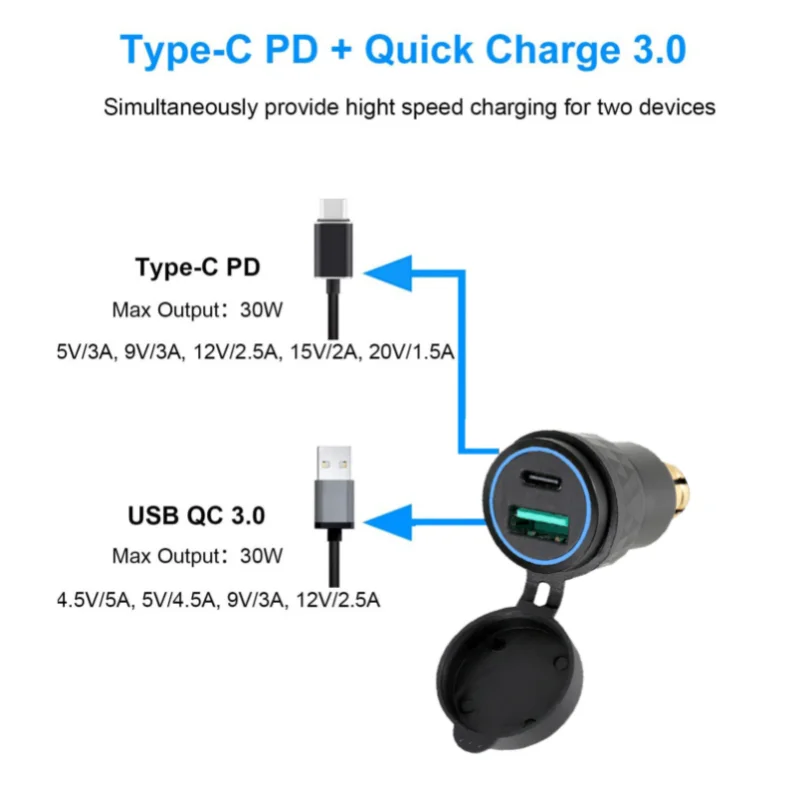 자동차 알루미늄 자동차 USB 충전기 소켓 PD Type-C & QC 3.0 빠른 충전기 어댑터 BMW Ducati Triumph Motorcycle 용 Hella DIN 플러그